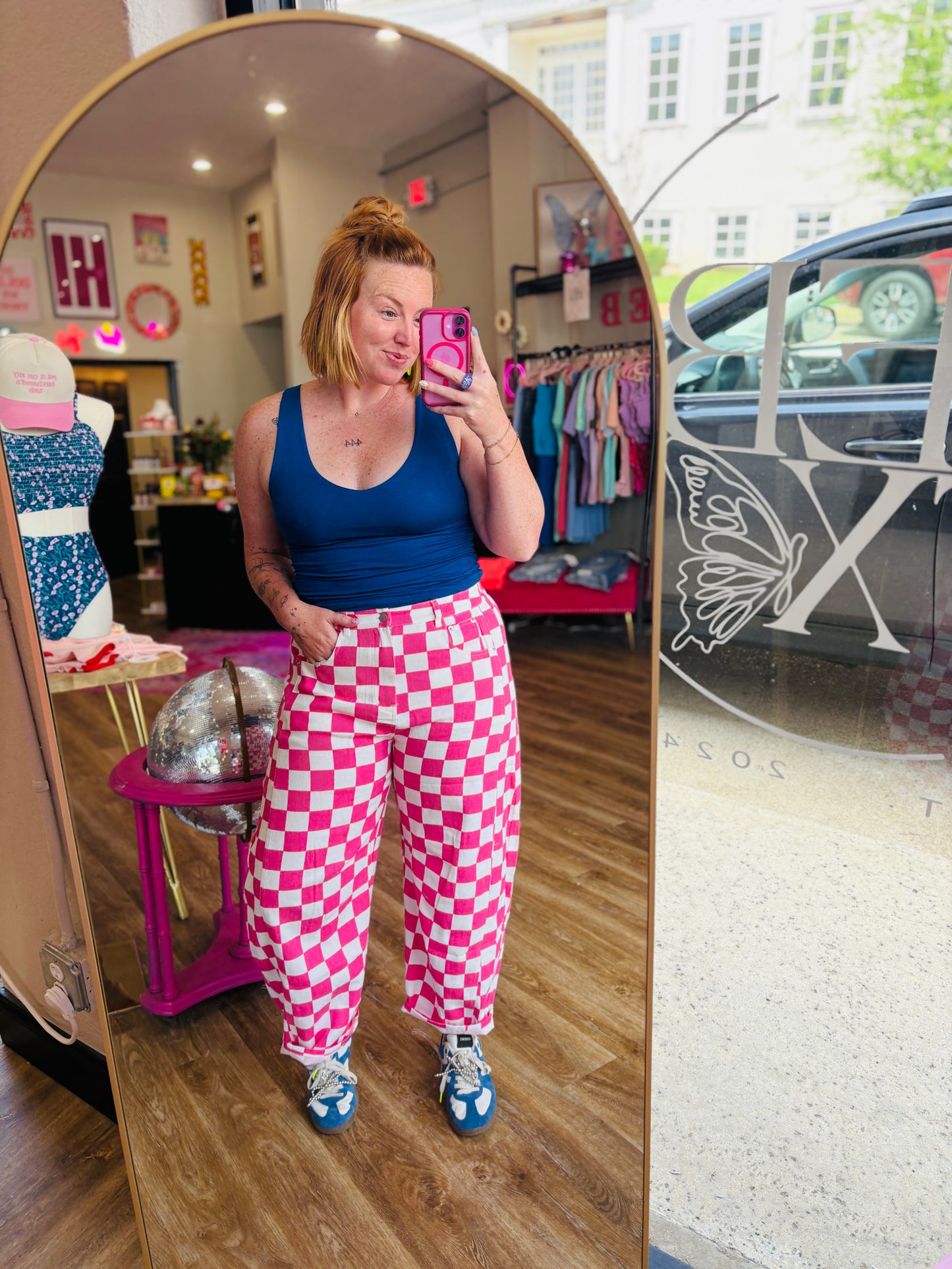 Lainey Checkered Barrel Jeans 🏁💖