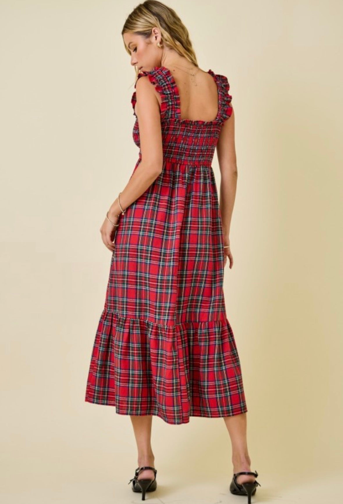 Plaid Smocked Bodice Midi Dress With Ruffle Hem