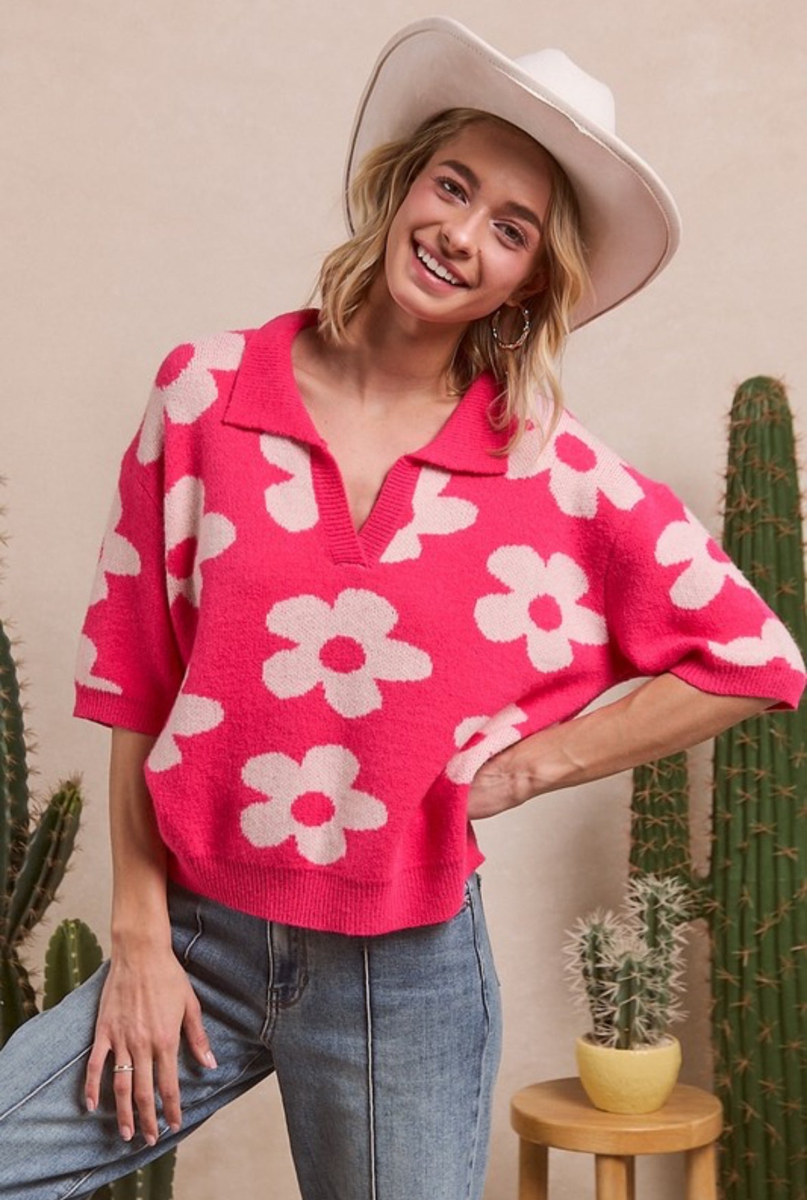 Flower Sweater Top With Shirt Collar