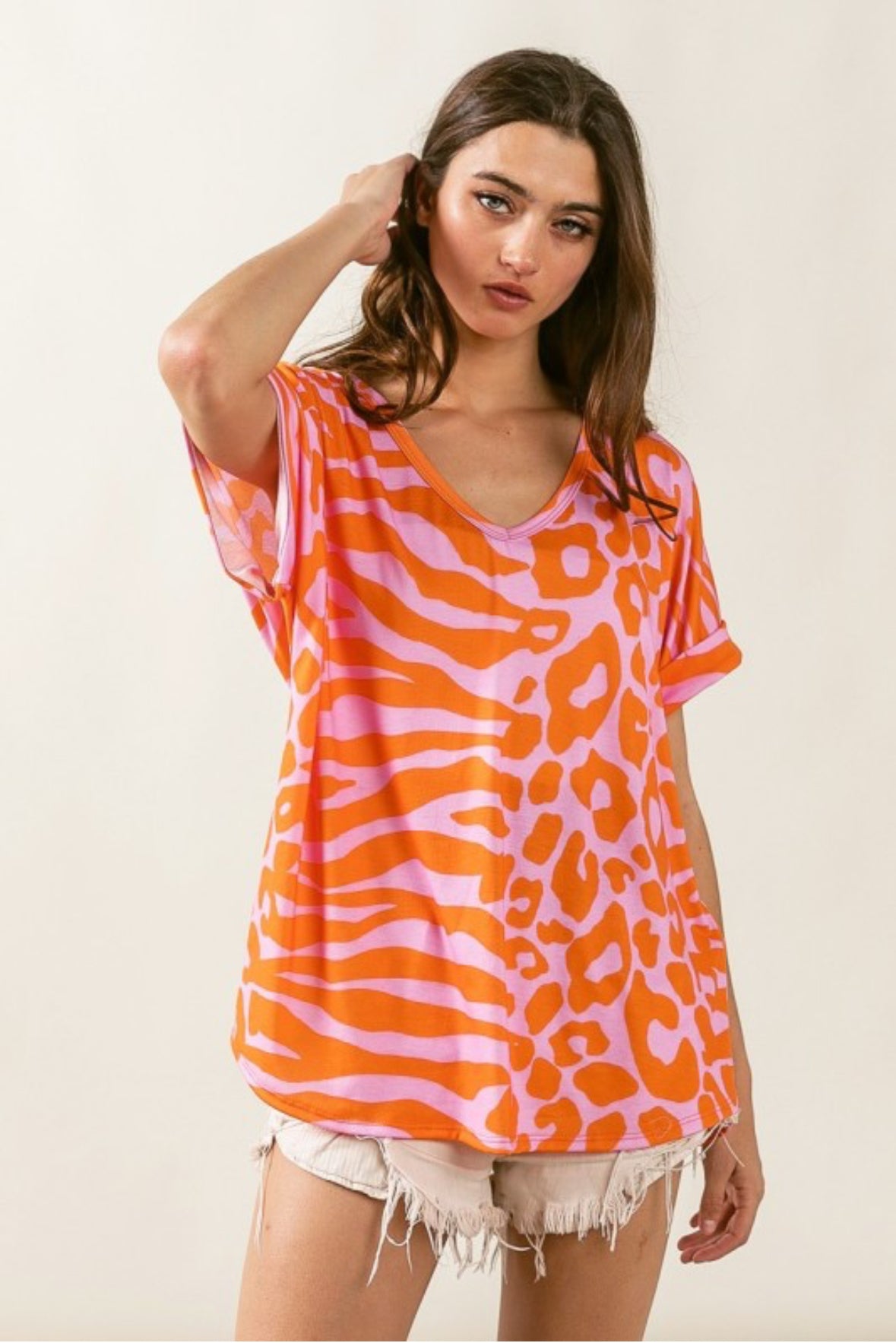 Leopard And Zebra Combo Roll Up Sleeves Top