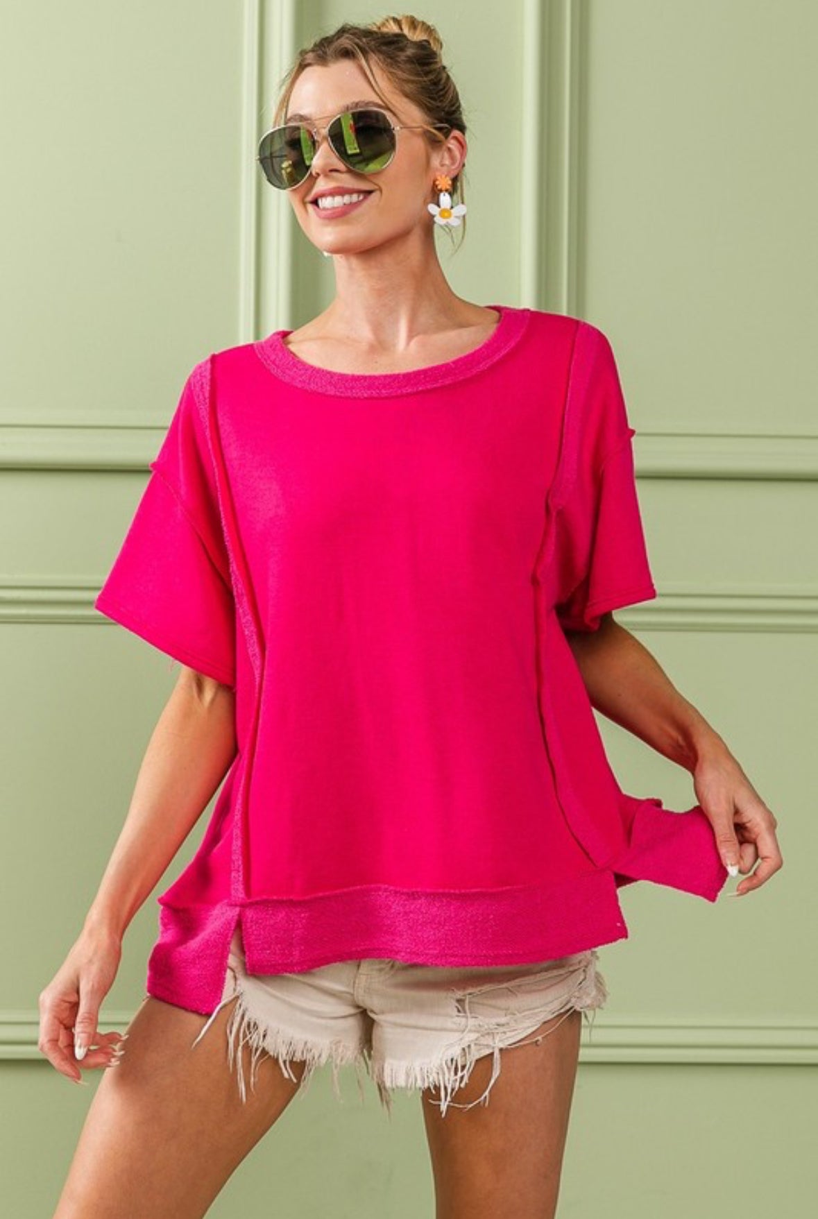 Reversed Terry Contrast Open Seam Crew Neck Top