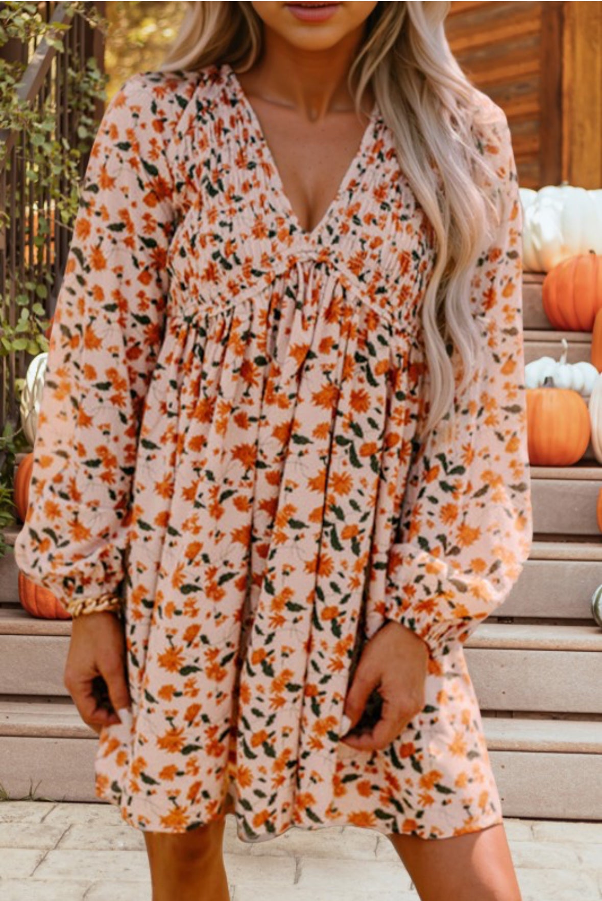 Floral Smocked V Neck Bubble Sleeve Babydoll Dress