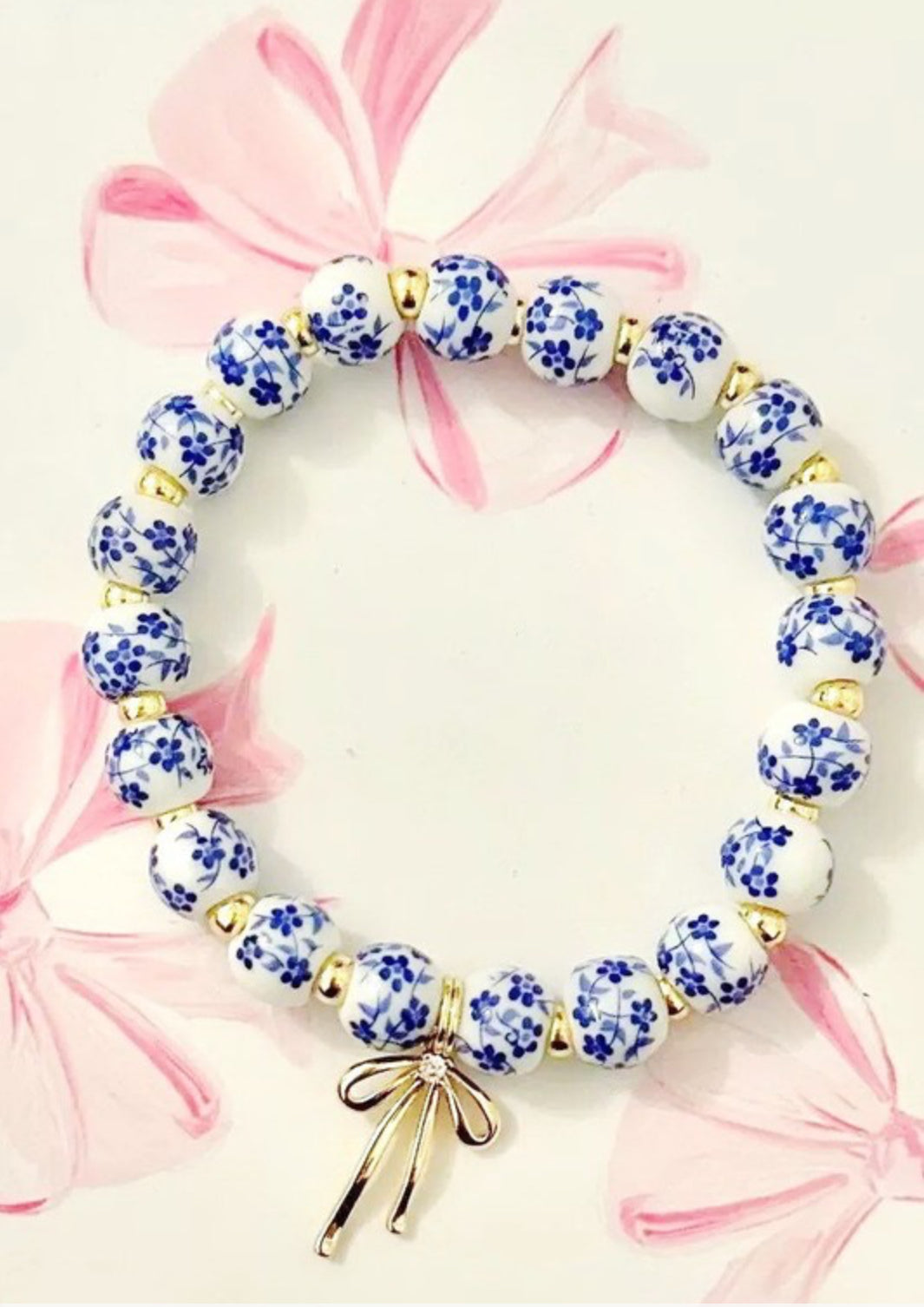 BOW CHARM FLORAL PORCELAIN BLUE BRACELET