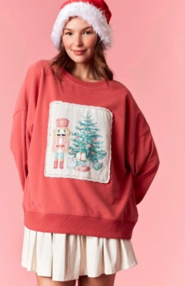 Christmas Corduroy Sweatshirt W/ Scallop Lace