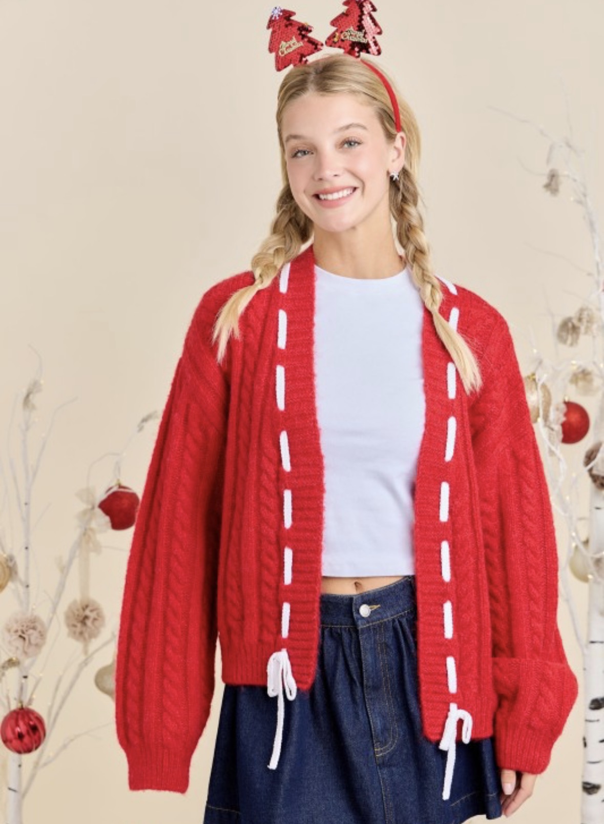 Cable Knit White Tie Cardi