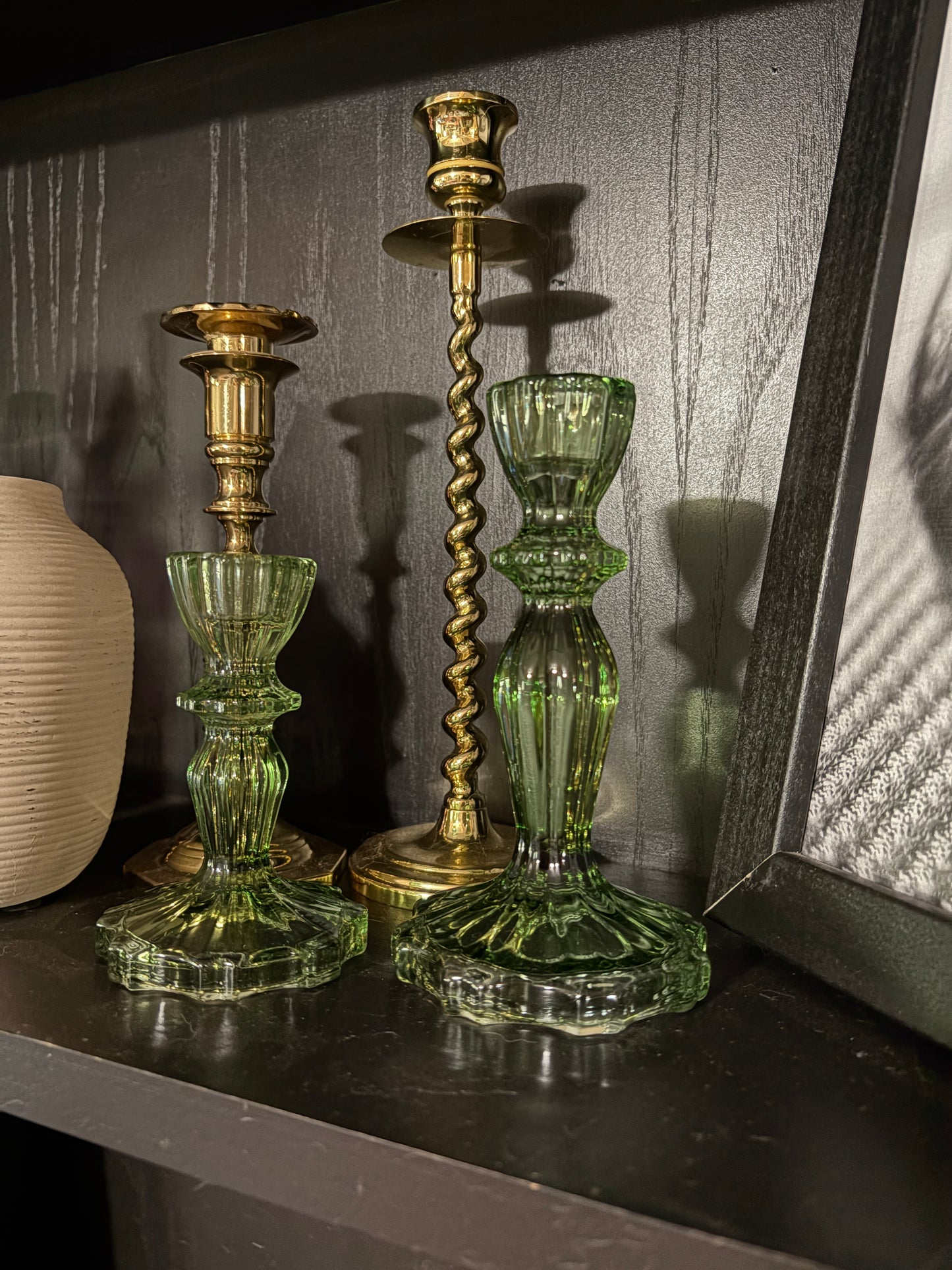 Green Glass Candle Stick Set