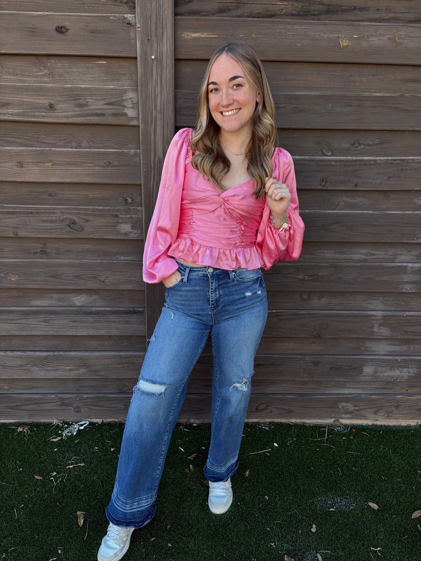Pink Silk Puff Sleeve Crop Top (L)