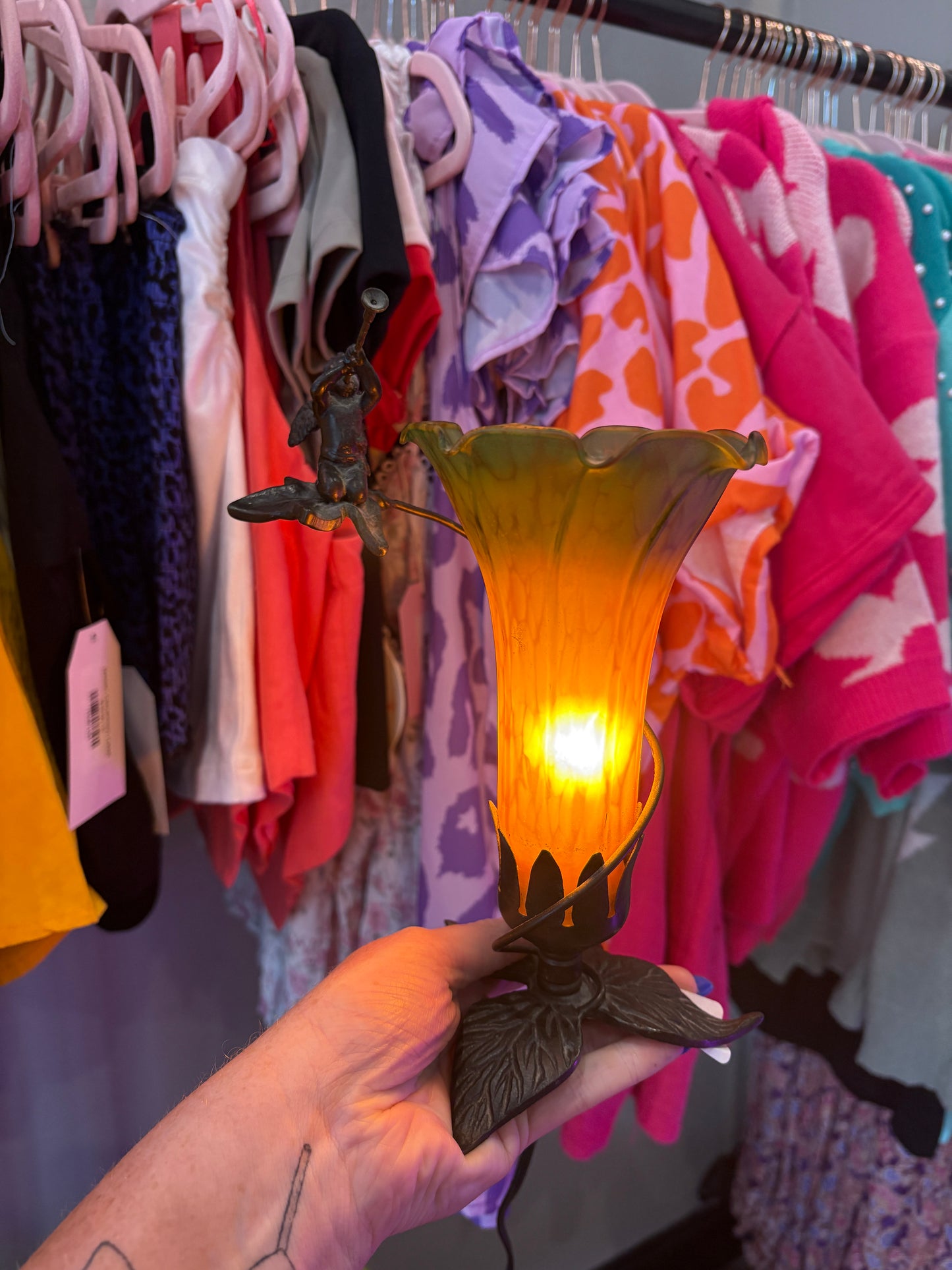 Vintage Art Deco Iron Cherub Tulip Lamp