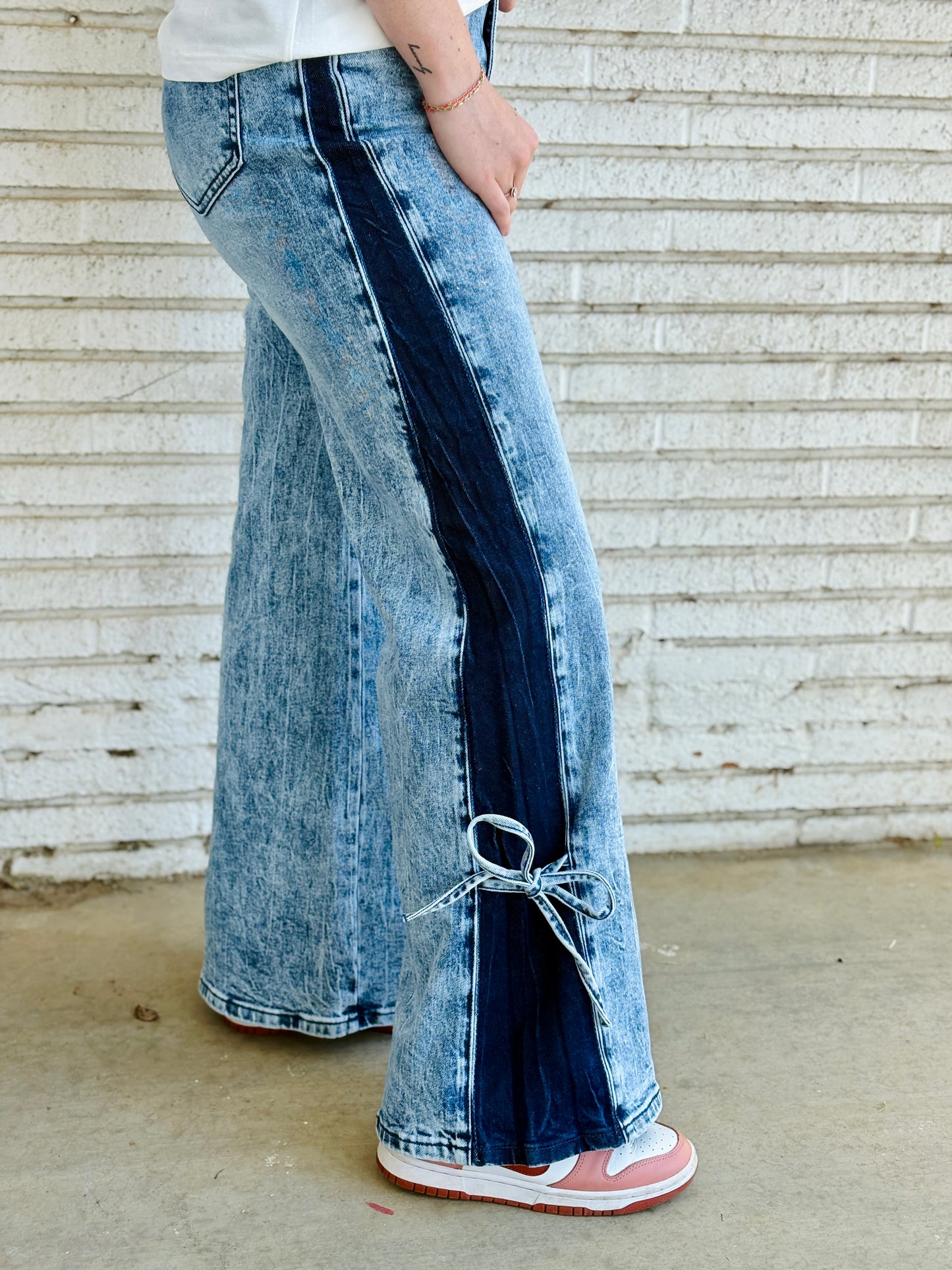 High Rise Contrast Wide Leg W/ Ribbon Tie