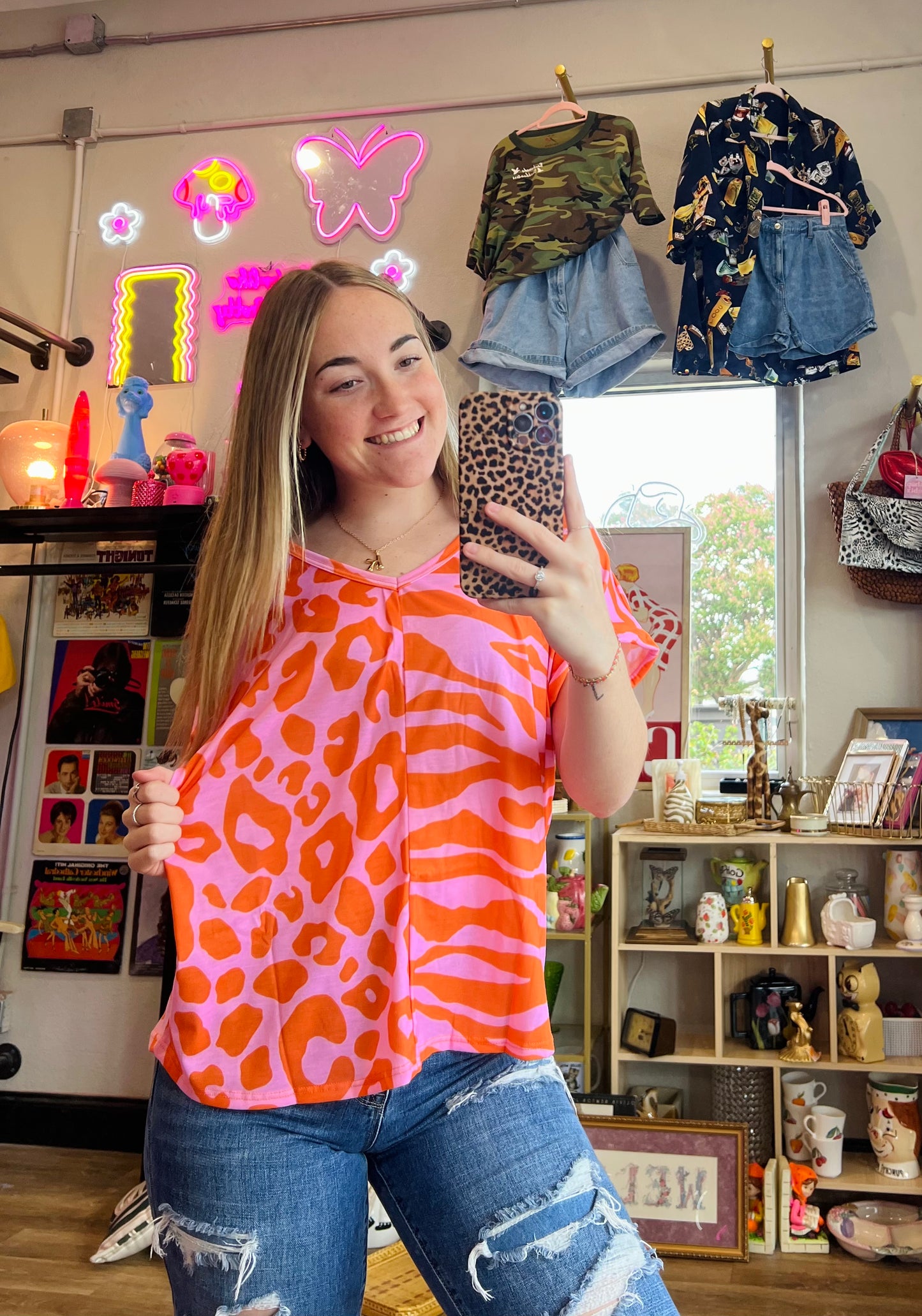 Leopard And Zebra Combo Roll Up Sleeves Top