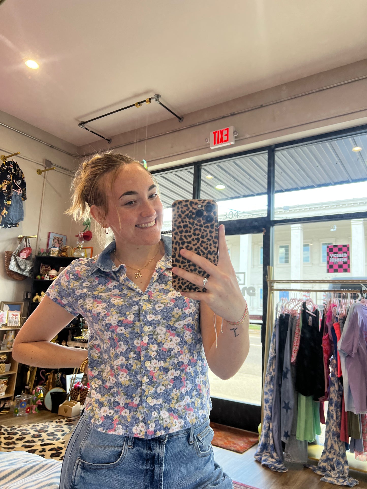 Vintage 90s Floral Top w Denim Collar S