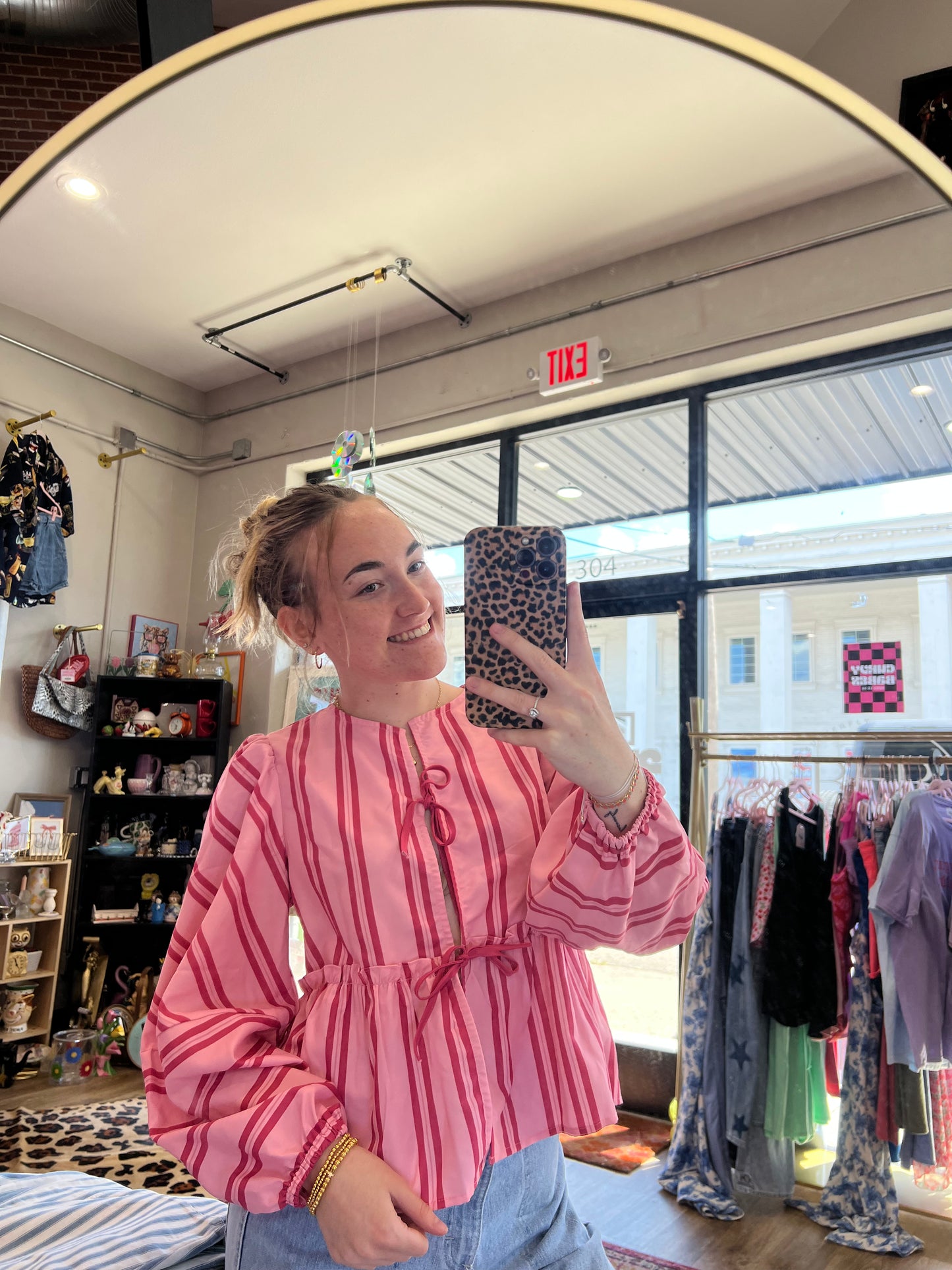 Pink Striped Tie Blouse S
