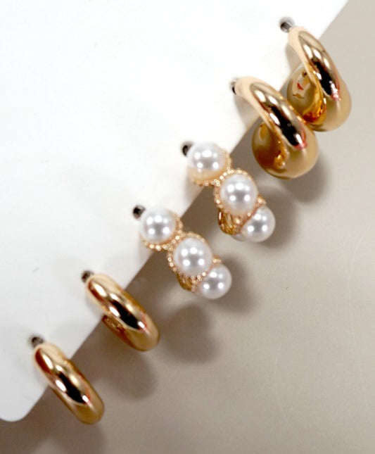 TRIO HUGGIE PEARL GOLD HOOP EARRINGS