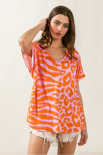 Leopard And Zebra Combo Roll Up Sleeves Top