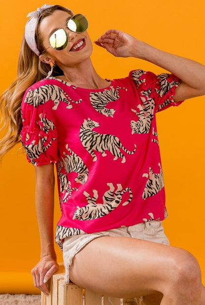 Big Tiger Jersey Ruffled Puff Sleeves Top