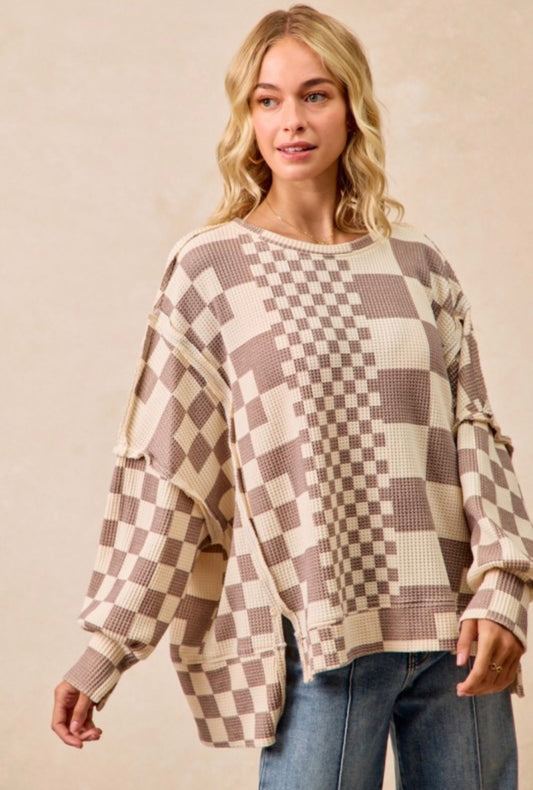 Checker Print Oversized Waffle Thermal
Sweatshirt