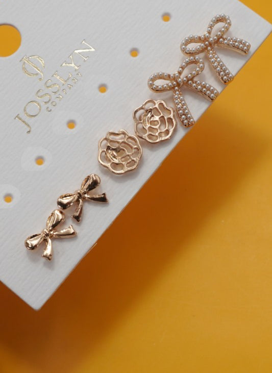 TRIO STUD BOW FLORAL PEARL BOW TRIO EARRINGS