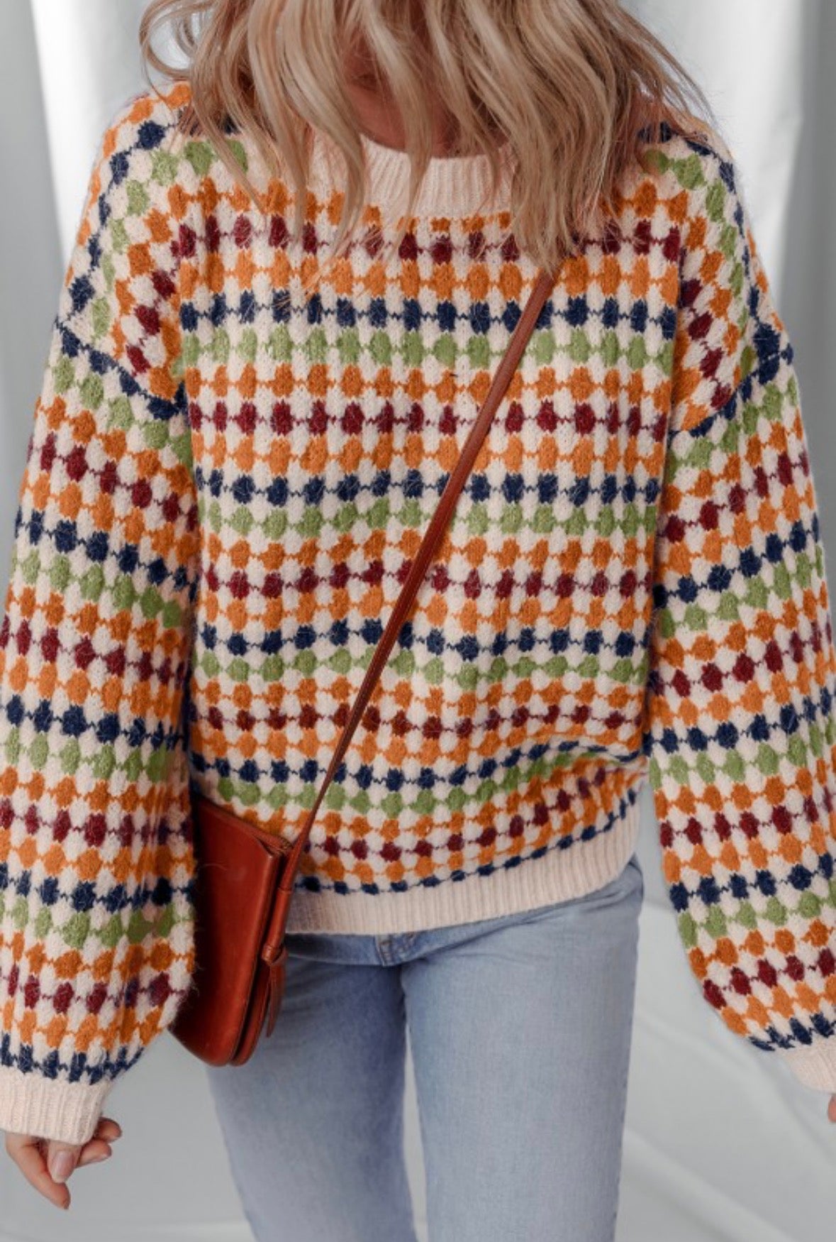 Dotty Striped Pattern Knit Drop Shoulder Sweater