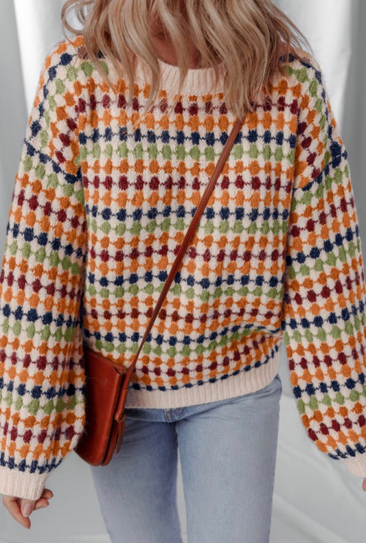 Dotty Striped Pattern Knit Drop Shoulder Sweater