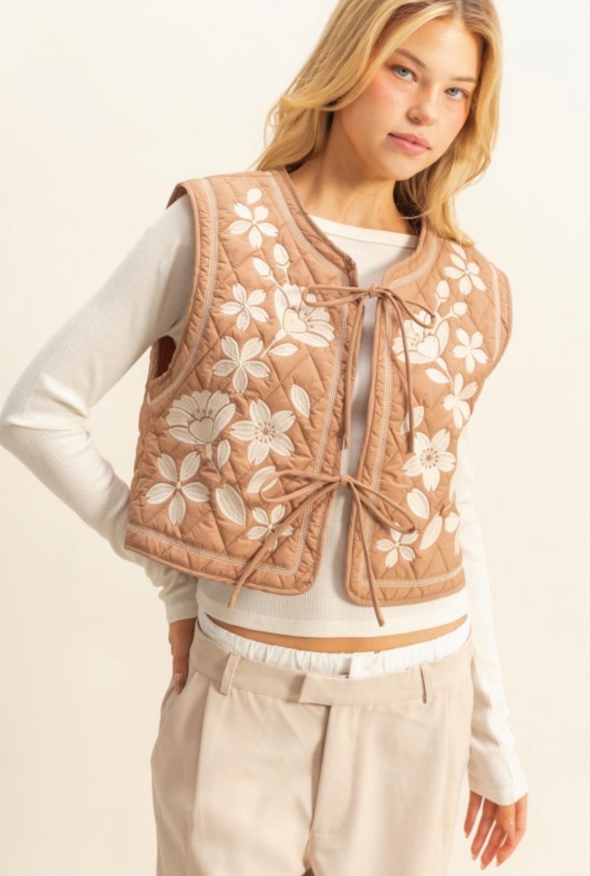 Floral Quilted Tie Front Vest