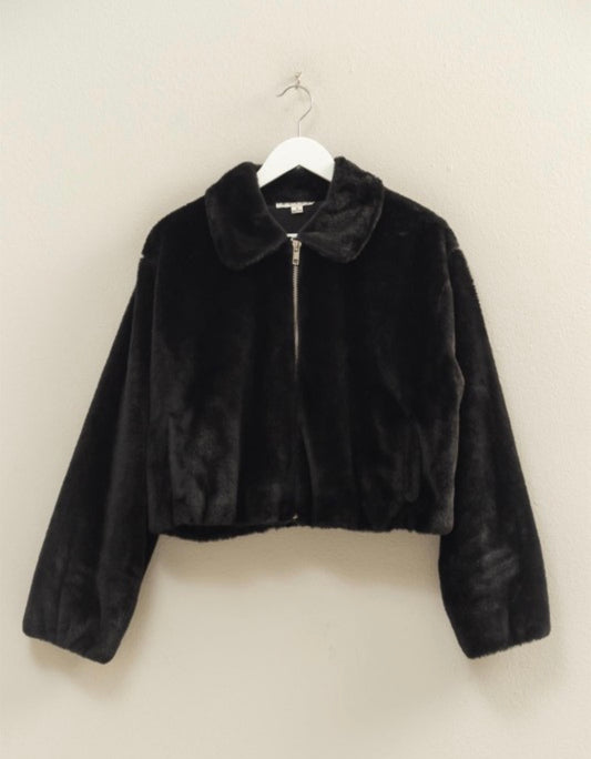 Faux Fur Zip Up Jacket With Plush Collar
