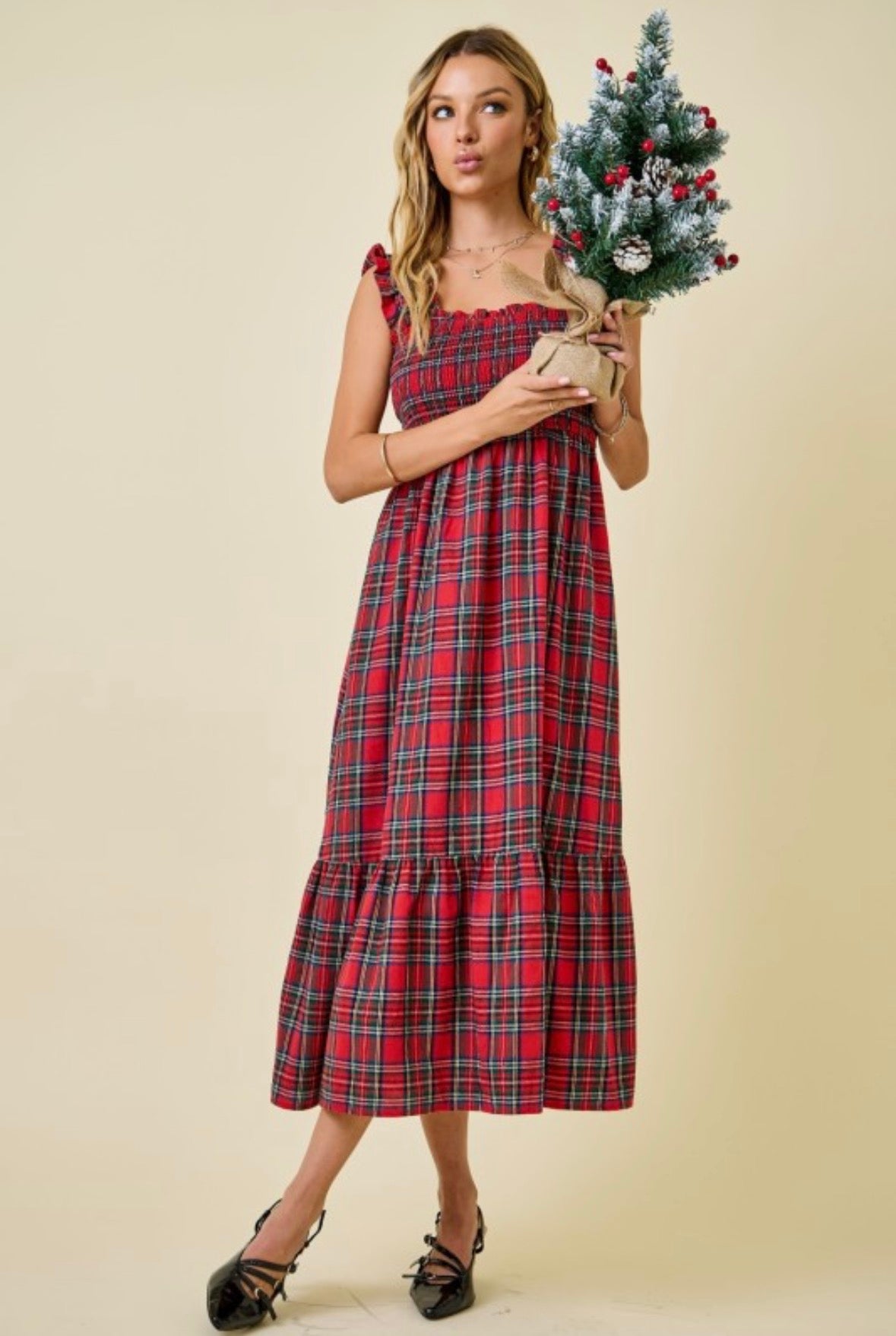 Plaid Smocked Bodice Midi Dress With Ruffle Hem
