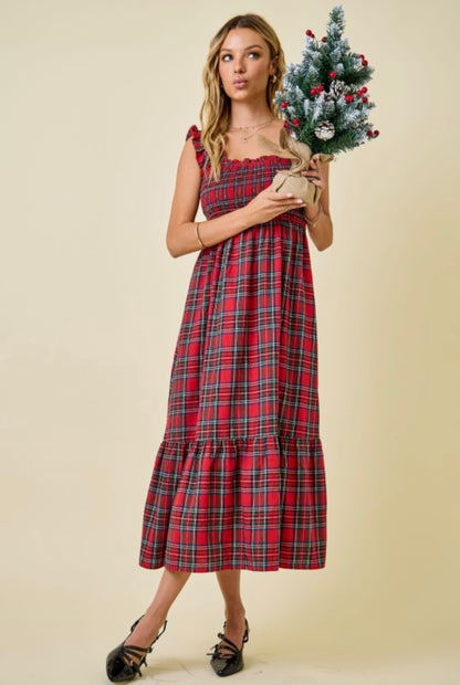 Plaid Smocked Bodice Midi Dress With Ruffle Hem