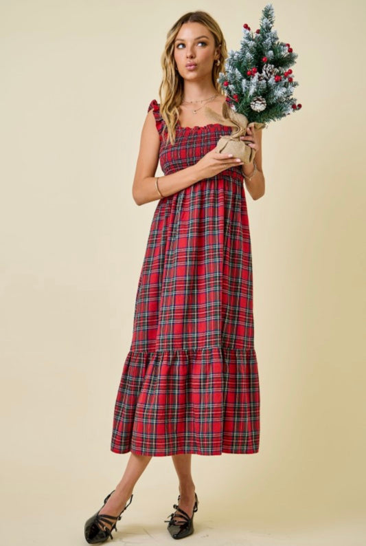 Plaid Smocked Bodice Midi Dress With Ruffle Hem