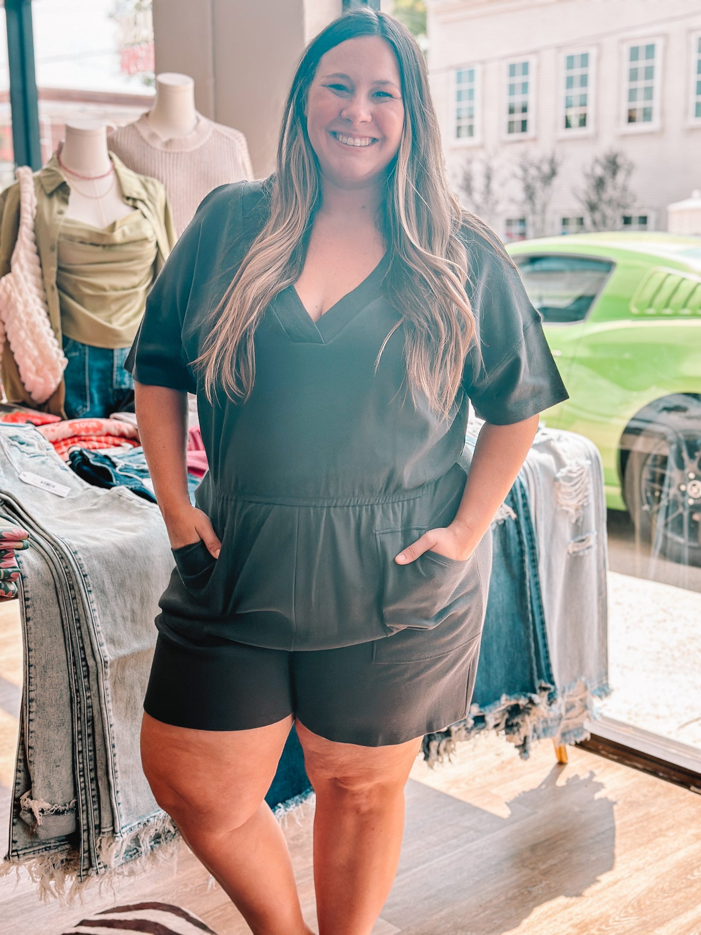 CURVY SHORT SLEEVE V-NECK ROMPER W/ POCKETS