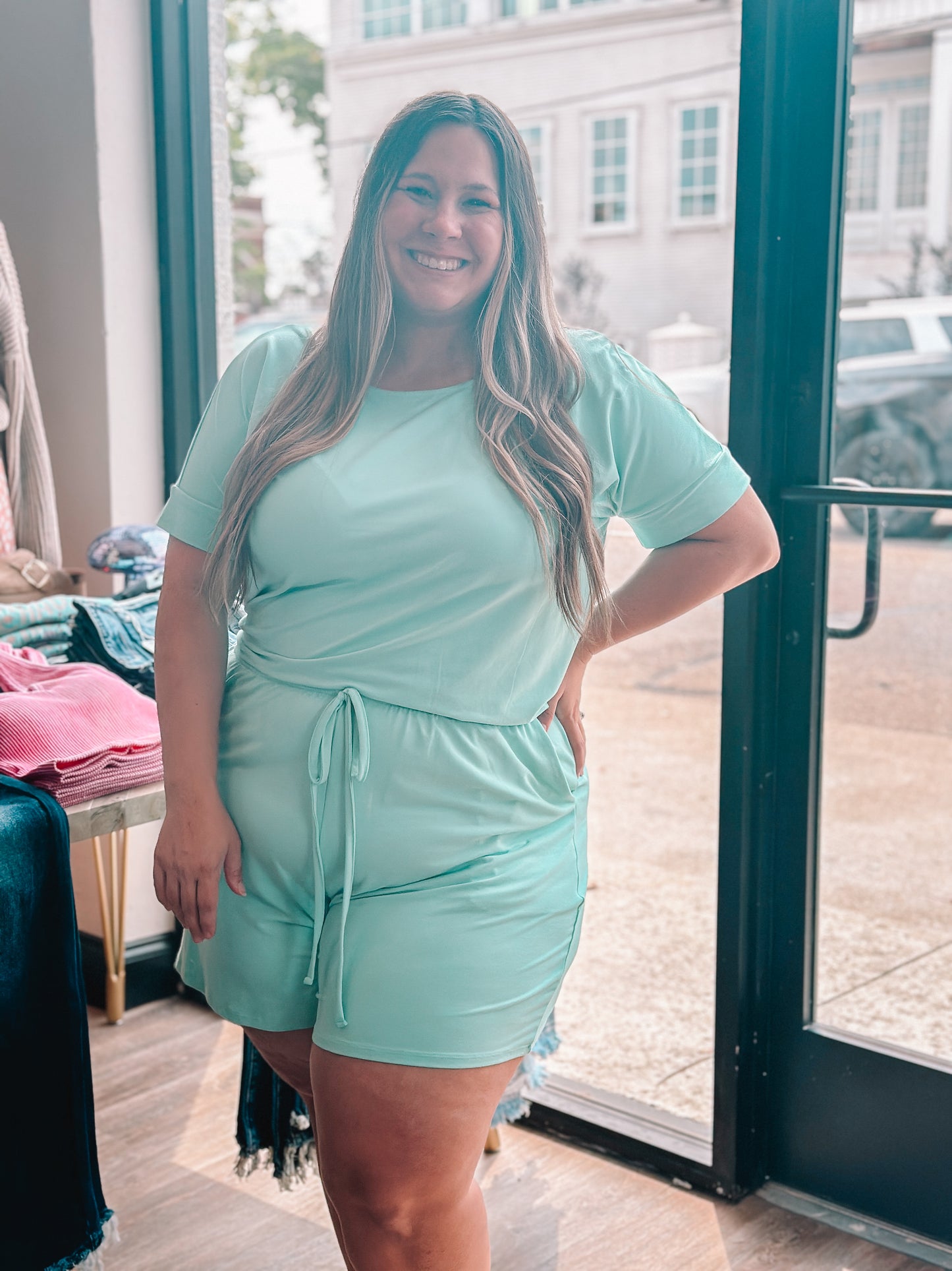 CURVY SHORT SLEEVE BUTTER SOFT ROMPER W/ POCKETS