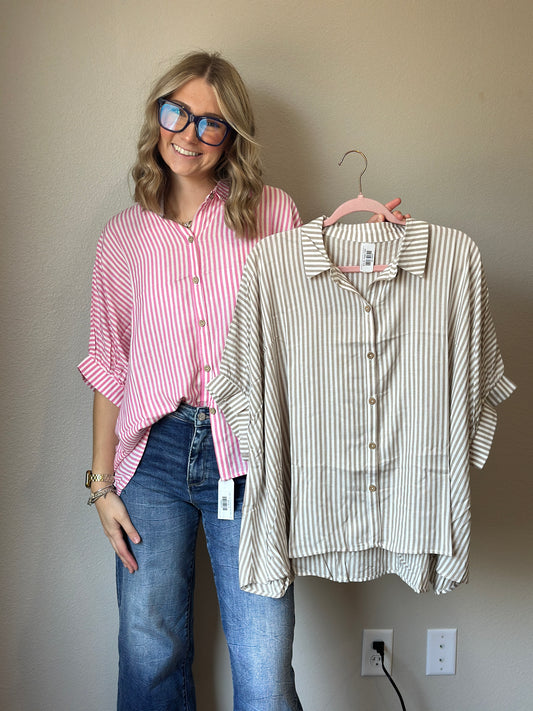 OVERSIZED STRIPED SHORT SLEEVE BUTTON UP