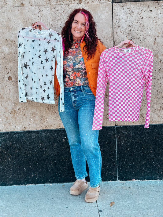 PINK CHECKERED MESH LAYERING TOP