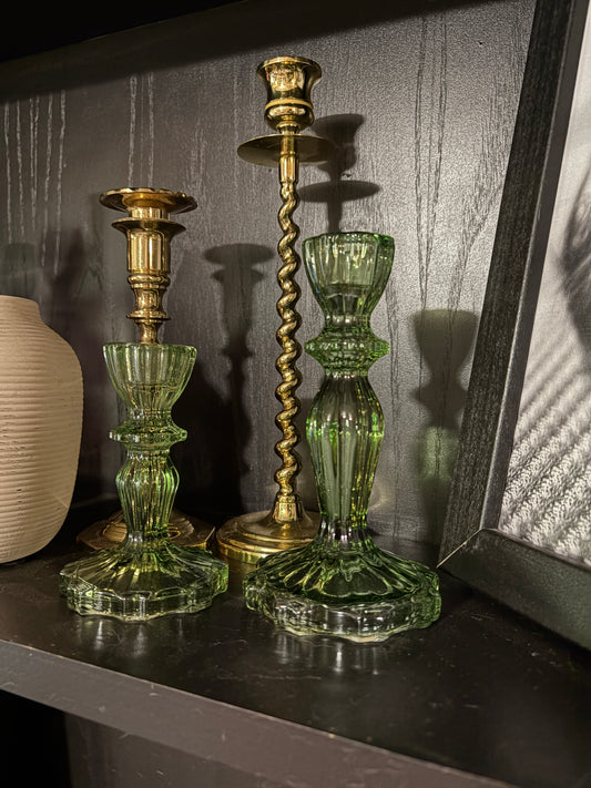 Green Glass Candle Stick Set