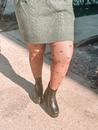 BOW PRINT FAUX STOCKING FLEECE LINED TIGHTS