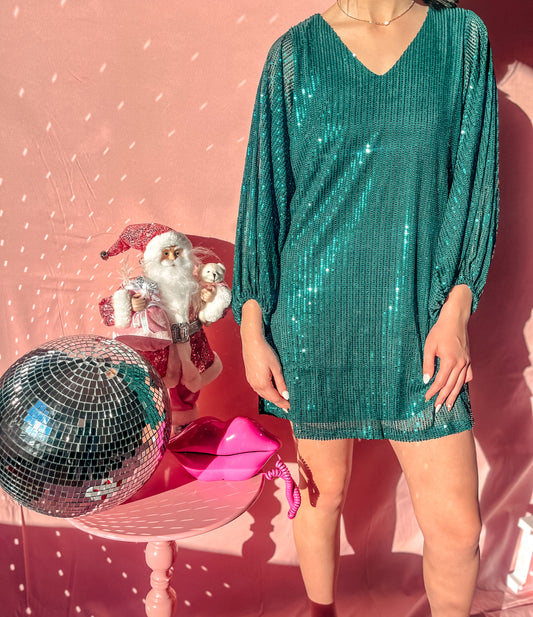 V- NECK BALLOON SLEEVE SEQUIN DRESS