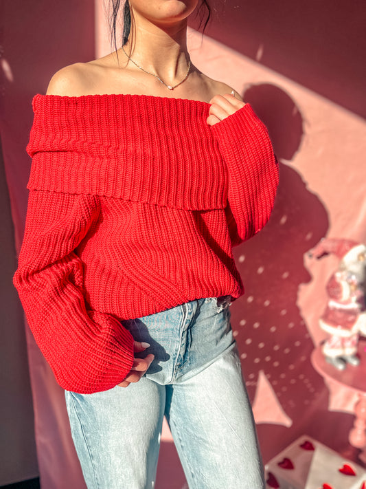 RED OFF THE SHOULDER SWEATER