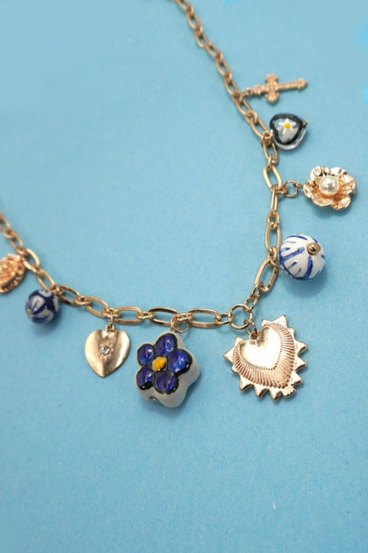 BLUE CERAMIC PORCELAIN HEART CROSS CHARM NECKLACE