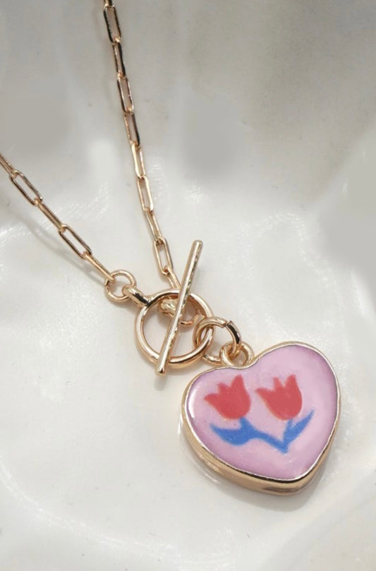 PORCELAIN FLOWER HEART CHARM NECKLACE