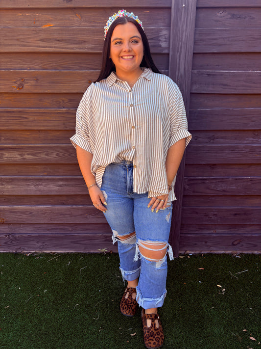 Rayon Striped Short Sleeve Button Up Shirt