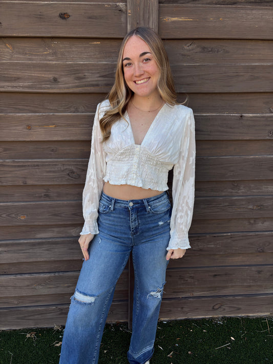 White Button Up V-Neck Crop Top (M)