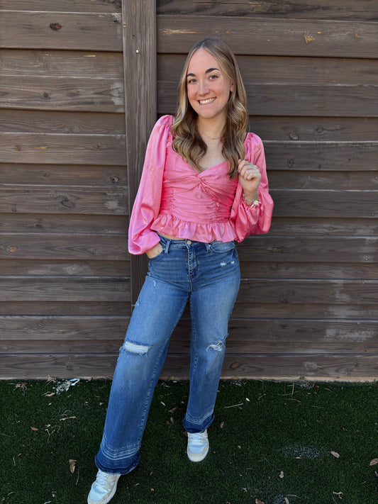 Pink Silk Puff Sleeve Crop Top (L)