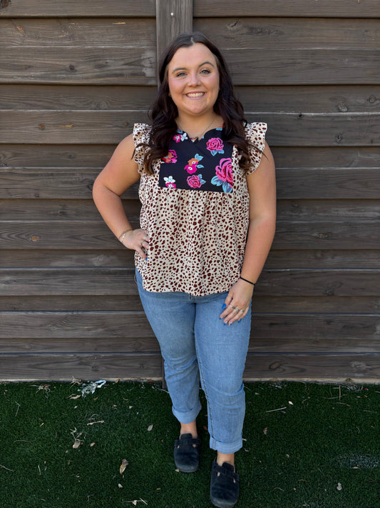 Leopard & Floral Ruffle Sleeve Top (L)
