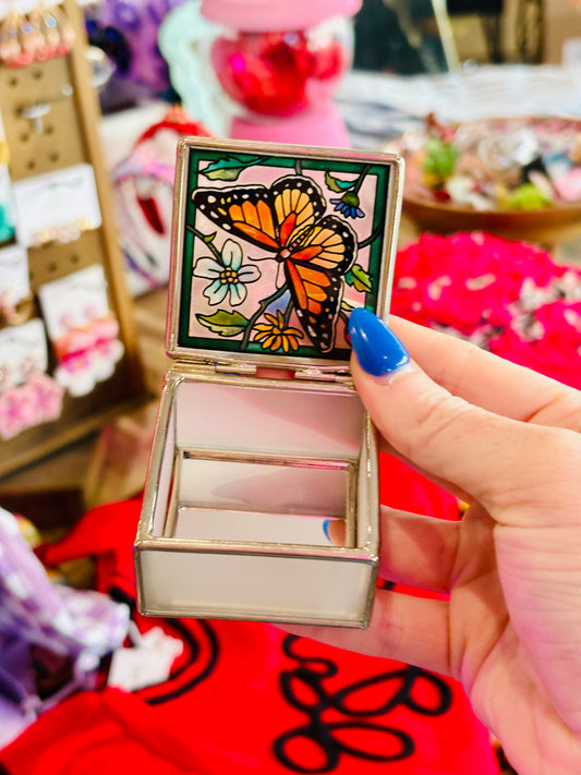 HAND PAINTED GLASS BUTTERFLY JEWELRY BOX