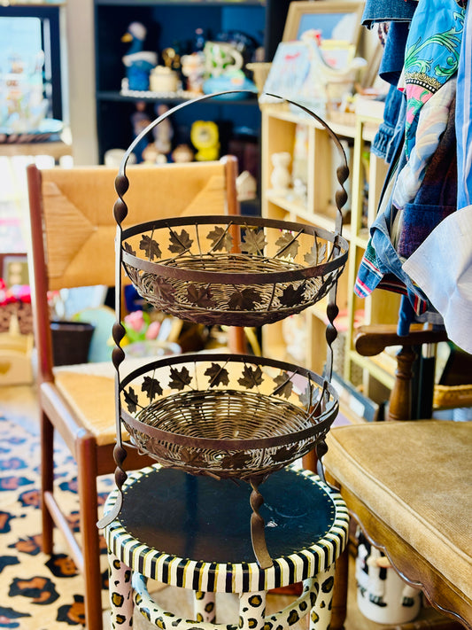 Two Tiered Iron Leaf and Wicker Basket Stand
