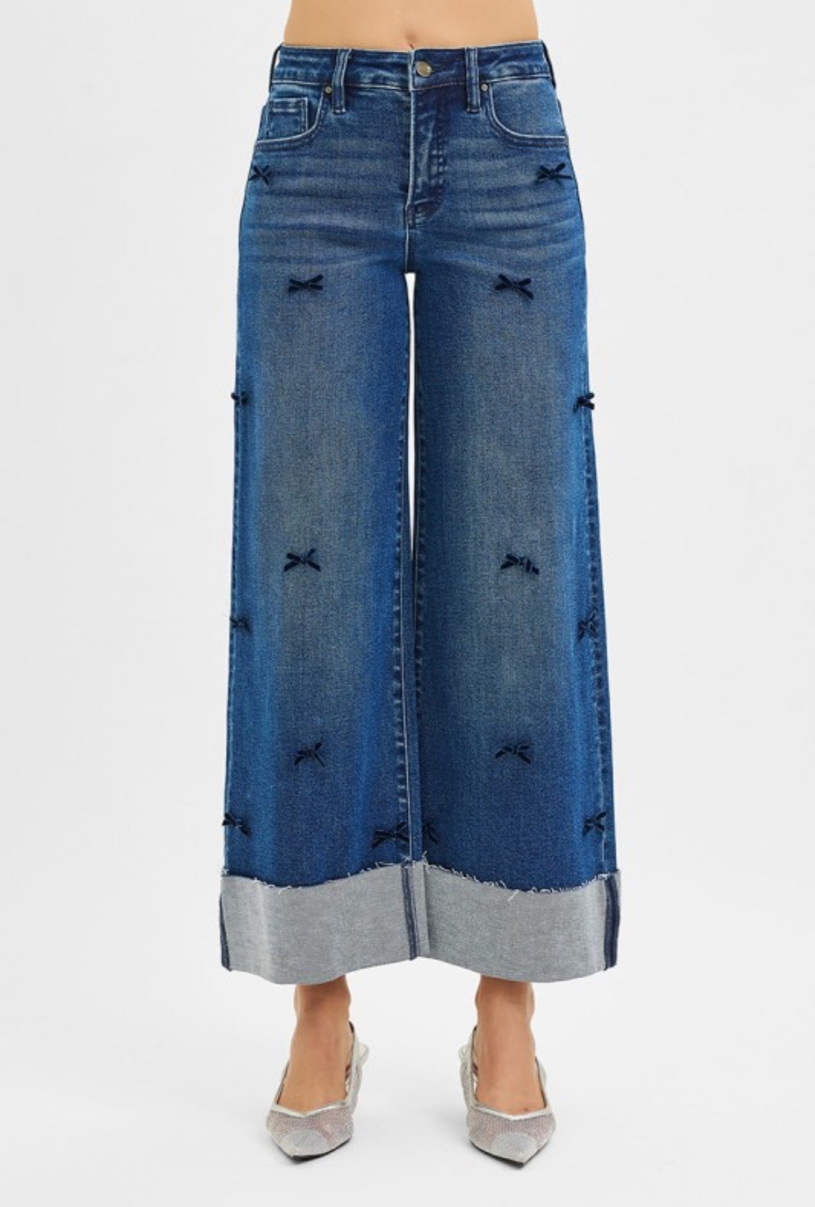 High Rise Crop Wide Leg Ribbon Jeans