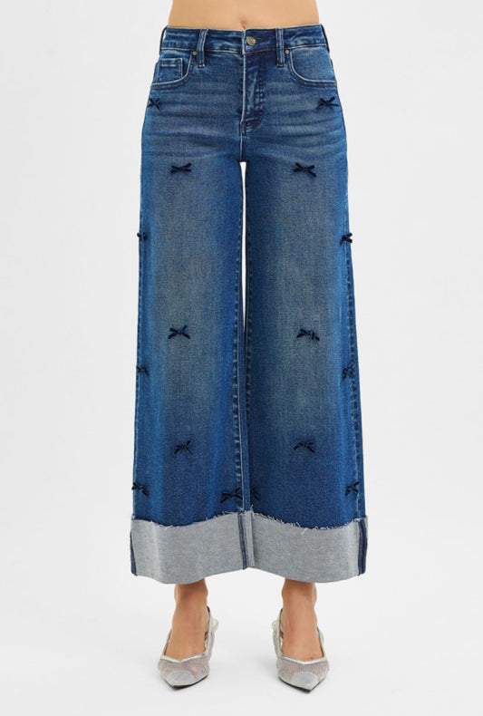 High Rise Crop Wide Leg Ribbon Jeans