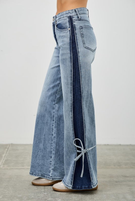 {DIBS} High Rise Contrast Wide Leg W/ Ribbon Tie