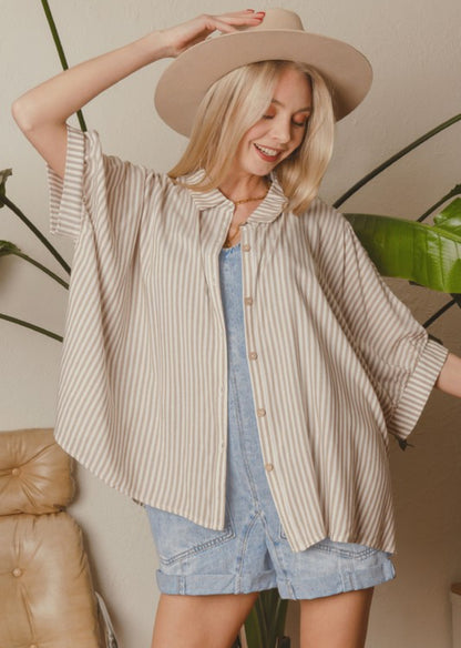 Rayon Striped Short Sleeve Button Up Shirt
