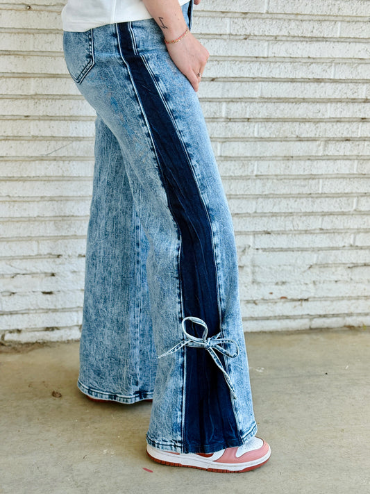 High Rise Contrast Wide Leg W/ Ribbon Tie