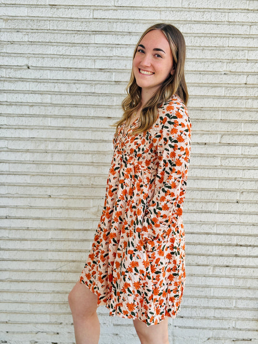 Floral Smocked V Neck Bubble Sleeve Babydoll Dress